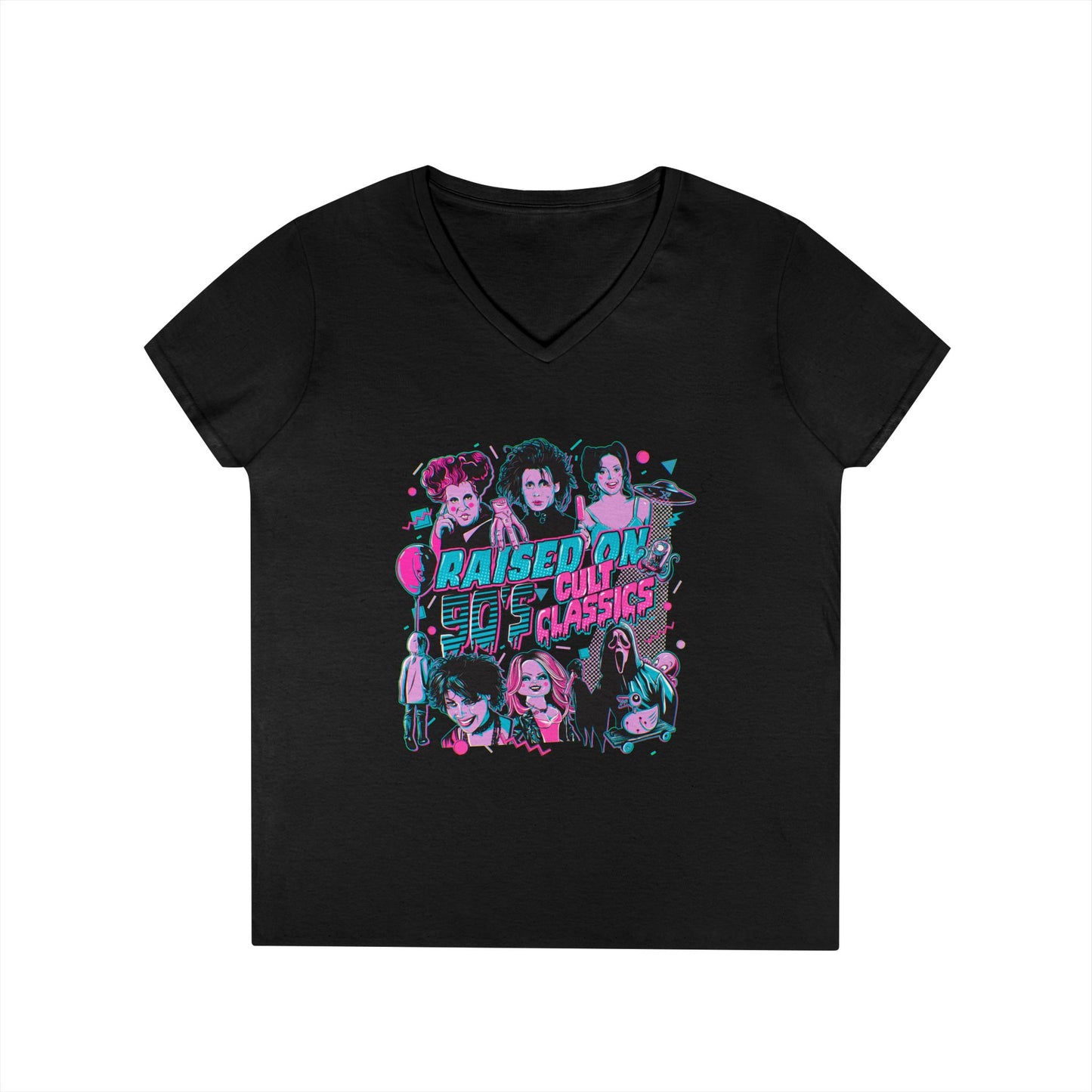 Ladies' V-Neck T-Shirt - 'Raised On Cult Classics' Retro Graphic Tee