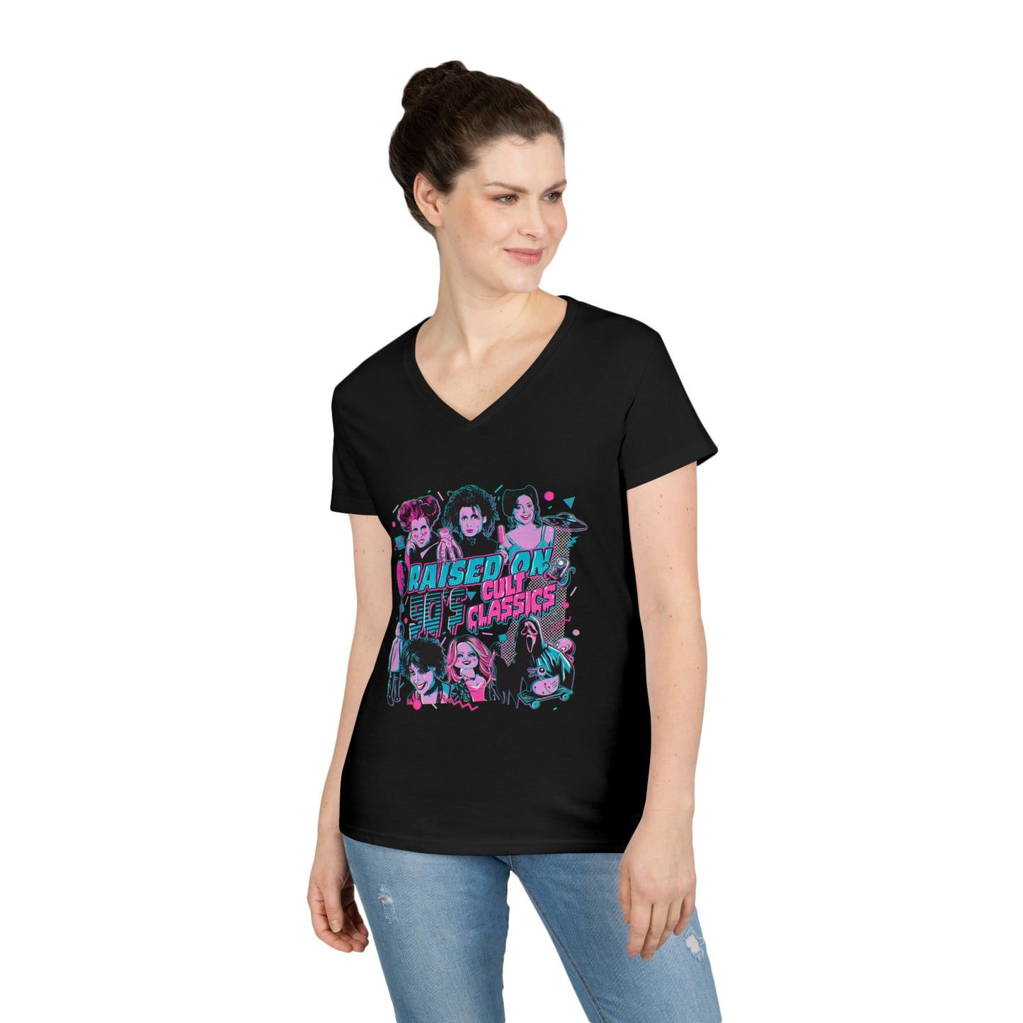 Ladies' V-Neck T-Shirt - 'Raised On Cult Classics' Retro Graphic Tee